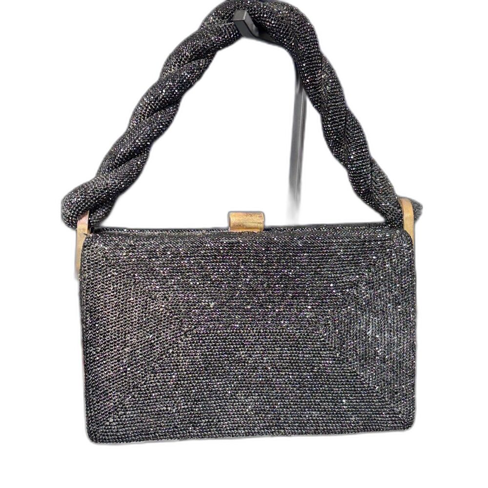 Vintage 1940s Black Du Bonnette Carnival Beaded Box Bag Gold Frame